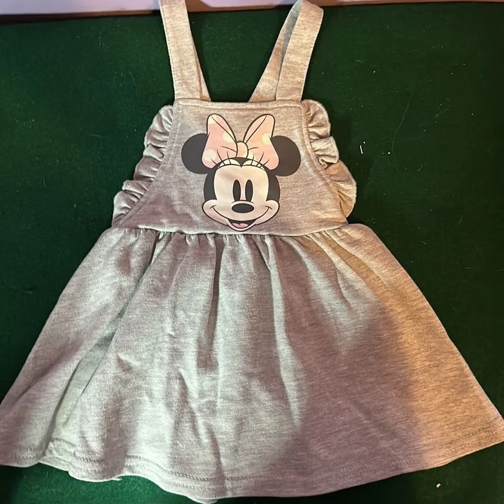 Disney Minnie Mouse Pink & Gray Pinafore Dress Set Baby Girls Size 12 Months